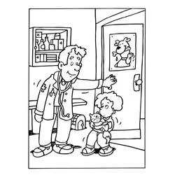 Veterinarian welcoming a child with a cat coloring page