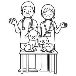 Veterinarian duo with a dog and a cat coloring page