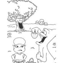 Adiboo with a talking tree and a giant creature coloring page