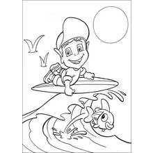 Adiboo surfing a wave with a fish coloring page