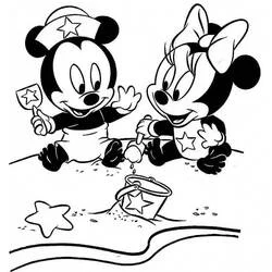 Baby Mickey and Minnie playing on the beach coloring page