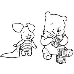 Baby Winnie the Pooh playing with blocks and Piglet coloring page