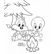 Baby Looney Tunes camping with marshmallows coloring page