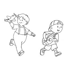 Caillou playing with a toy plane and a friend with a ball coloring page