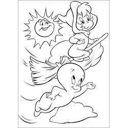 Casper flying with a witch on her broom coloring page