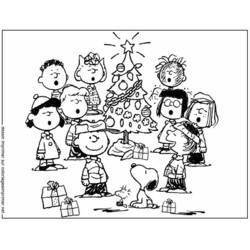 Snoopy and friends singing around the Christmas tree coloring page