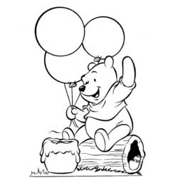Winnie the Pooh holding balloons on a log coloring page
