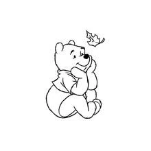 Golden Pooh sitting by a red autumn leaf coloring page