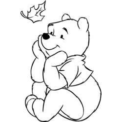 Pooh resting chin on hands, leaf above coloring page