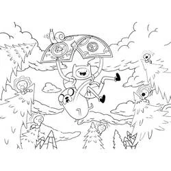 Finn and Jake flying with a broken umbrella coloring page