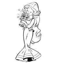 Woman with long hair holding a small dog coloring page