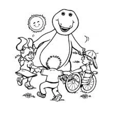 Barney playing with children outdoors coloring page