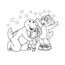 Barney with friends surrounded by hearts coloring page