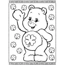 Good Luck Bear waving with clover badge coloring page