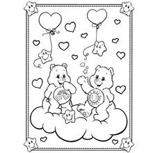 Care Bears sitting on a cloud with balloons coloring page