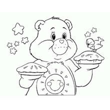 Care Bear holding two pies with a little bird coloring page