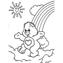 Care Bear walking on clouds with rainbow coloring page