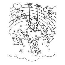 Care Bears playing on a rainbow swing coloring page
