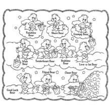 Care Bears gathered on fluffy clouds coloring page