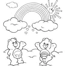 Care Bears under a rainbow and smiling sun coloring page