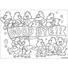 Care Bears holding a Good Bye banner coloring page