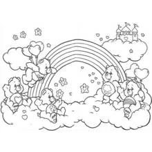 Care Bears playing on clouds with a rainbow coloring page