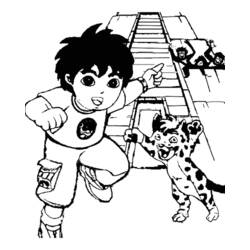 Diego running with his jaguar friend on a bridge coloring page