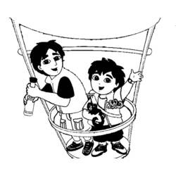 Diego and a friend riding in a hot air balloon basket coloring page
