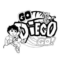 Diego swinging on a rope with the Go Diego Go logo coloring page