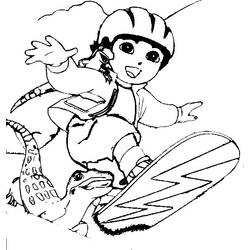 Go Diego riding a snowboard with a lizard coloring page