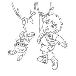 Go Diego swinging on a vine with a monkey coloring page