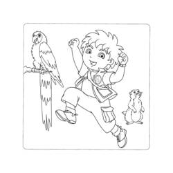 Diego jumping with a parrot and a rodent coloring page