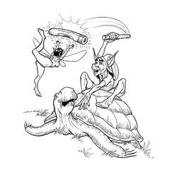 Korrigan riding a giant turtle chasing a fairy coloring page