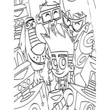 Johnny Test surrounded by his friends and gadgets coloring page