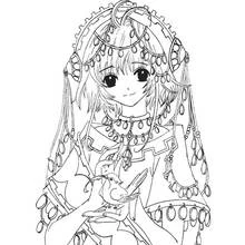 Kilari girl with jeweled headdress holding a bird coloring page