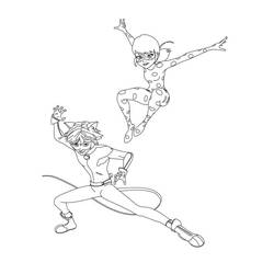 Ladybug and Cat Noir in action pose coloring page