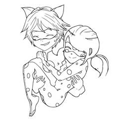 Cat Noir carrying Ladybug in his arms coloring page