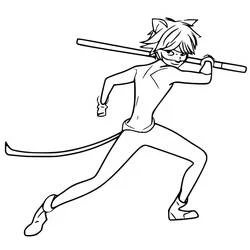 Cat Noir in fighting stance with his staff coloring page