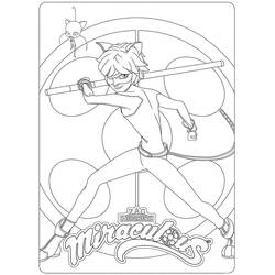 Cat Noir in fighting stance with his staff coloring page