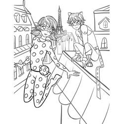 Ladybug and Cat Noir on a Paris rooftop coloring page