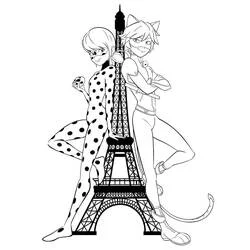 Ladybug and Cat Noir by the Eiffel Tower coloring page