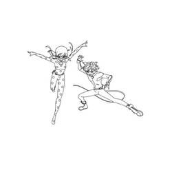 Ladybug and Cat Noir in action poses coloring page