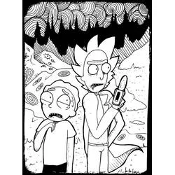 Rick and Morty in a strange alien landscape coloring page
