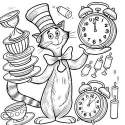 The Cat in the Hat balancing dishes and clocks coloring page