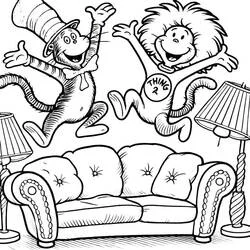 The Cat in the Hat jumping with Thing 2 over the couch coloring page