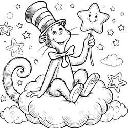 The Cat in the Hat sitting on a cloud with a star wand coloring page