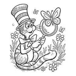 The Cat in the Hat examining a butterfly coloring page