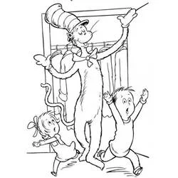 The Cat in the Hat dancing with two excited children coloring page