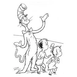 The Cat in the Hat walking with two children coloring page