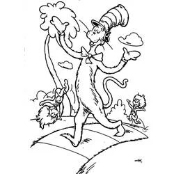 The Cat in the Hat walking with little creatures coloring page
